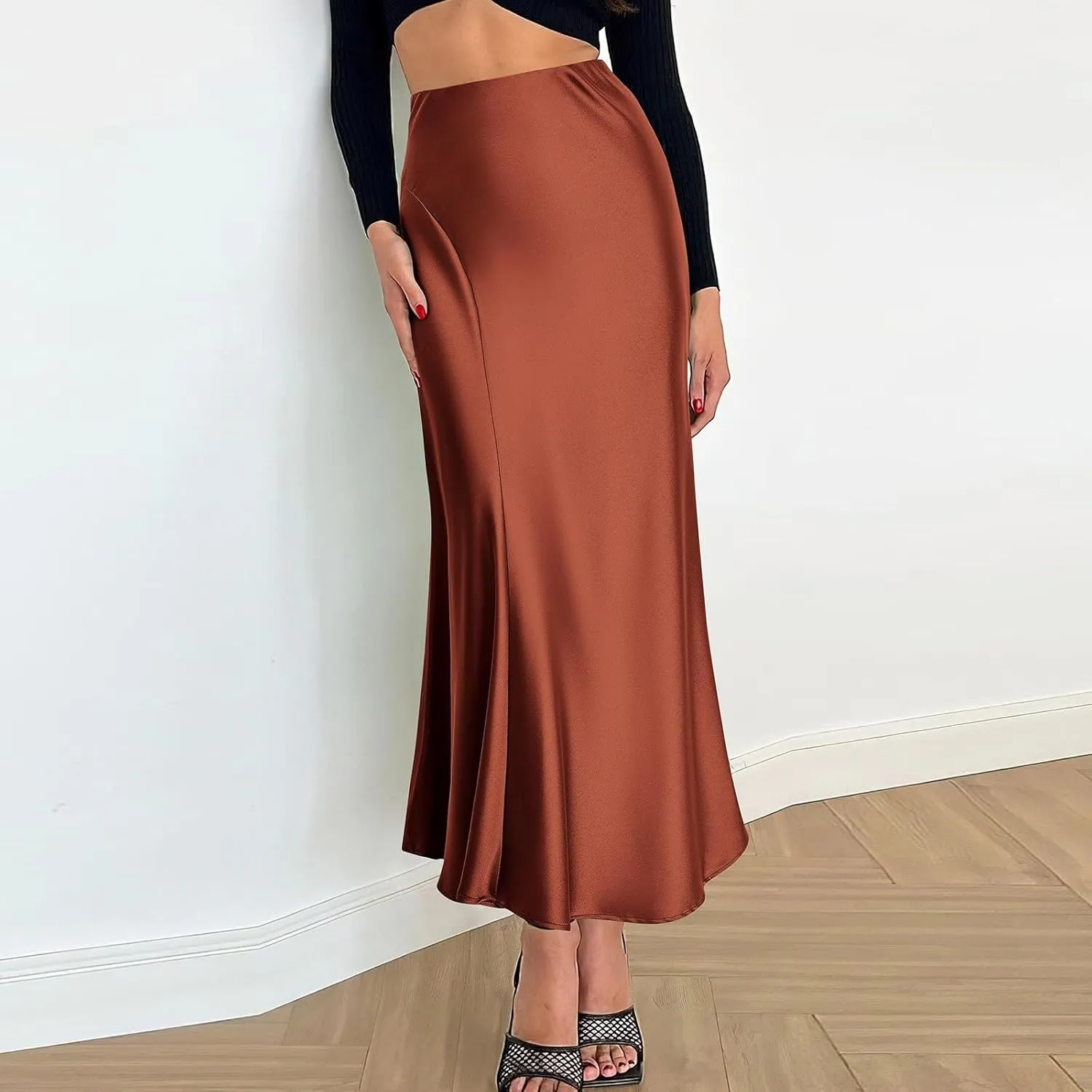 Long Skirts for Women 2025 Summer Vacation Satin Elastic High Waisted A Line Slip Skirt Elegant Work Office Maxi Skirt