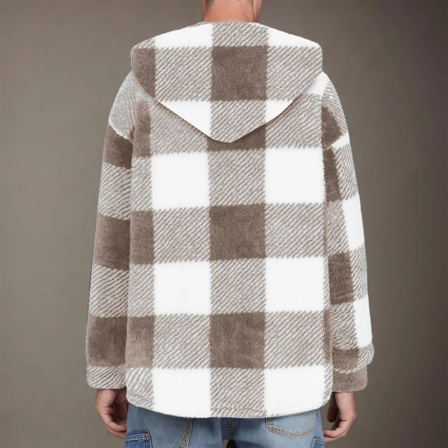 Men's Fuzzy Sherpa Jackets Fleece Hoodie Casual Warm Winter Jacket Button Down Long Sleeve Plaid Fall Fashion Outwear