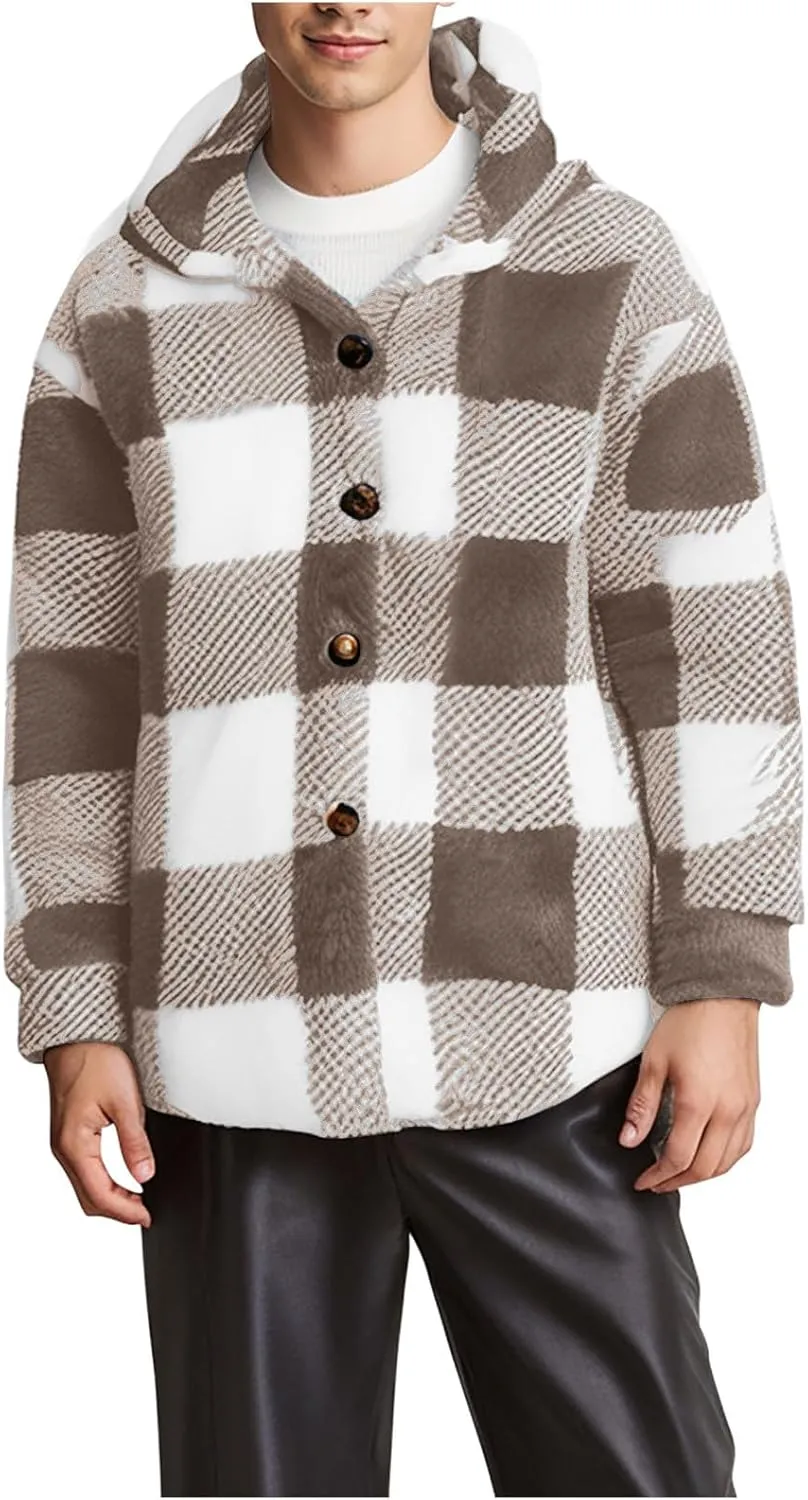Men's Fuzzy Sherpa Jackets Fleece Hoodie Casual Warm Winter Jacket Button Down Long Sleeve Plaid Fall Fashion Outwear