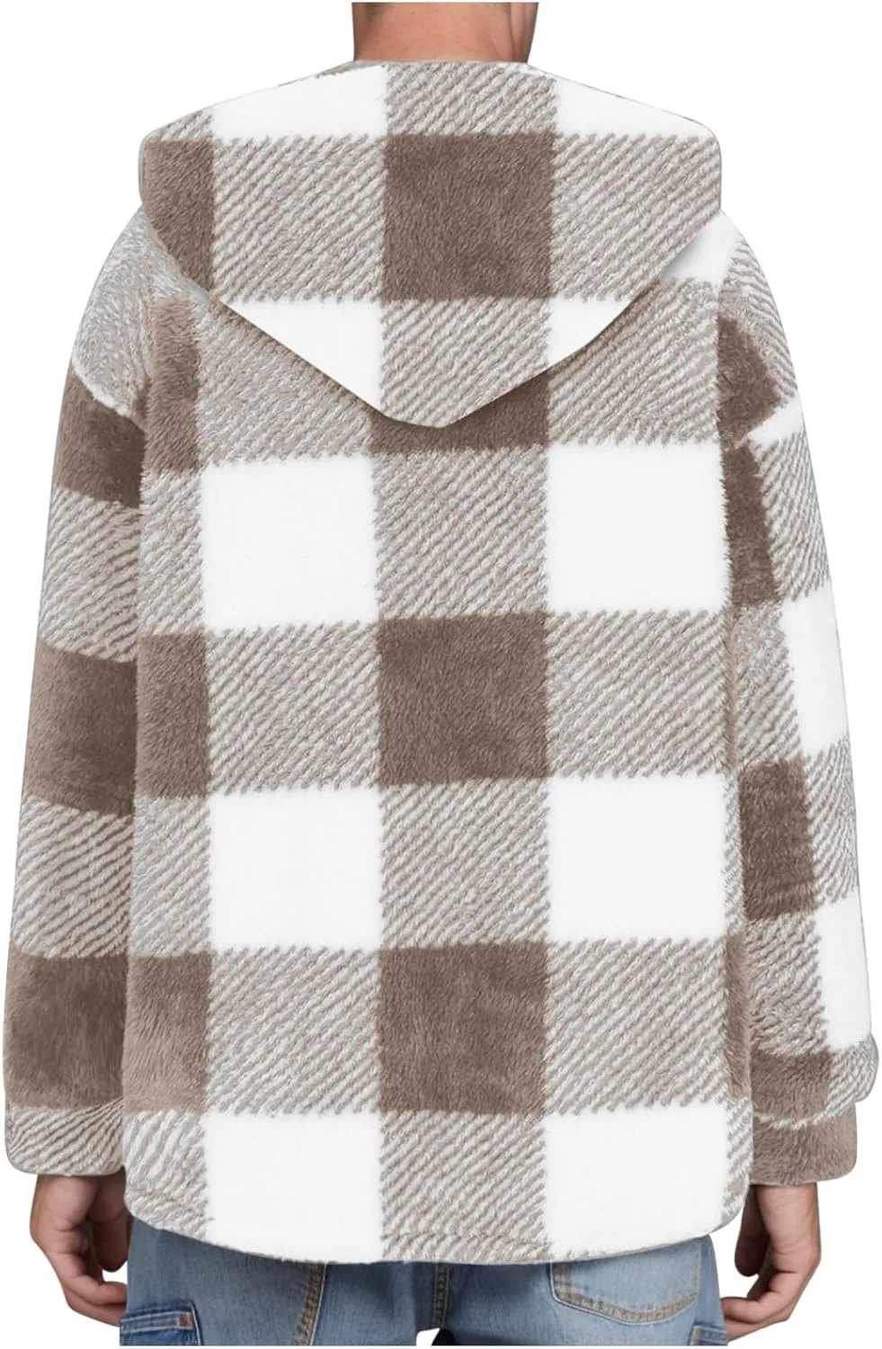 Men's Fuzzy Sherpa Jackets Fleece Hoodie Casual Warm Winter Jacket Button Down Long Sleeve Plaid Fall Fashion Outwear