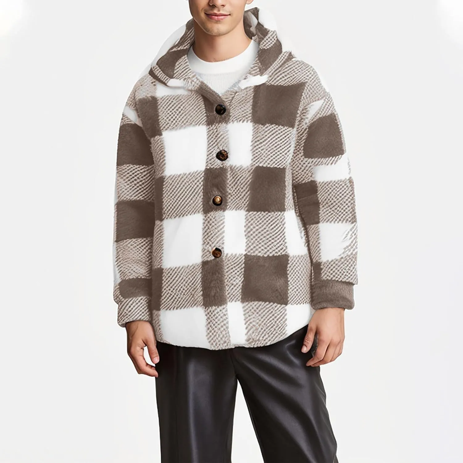 Men's Fuzzy Sherpa Jackets Fleece Hoodie Casual Warm Winter Jacket Button Down Long Sleeve Plaid Fall Fashion Outwear