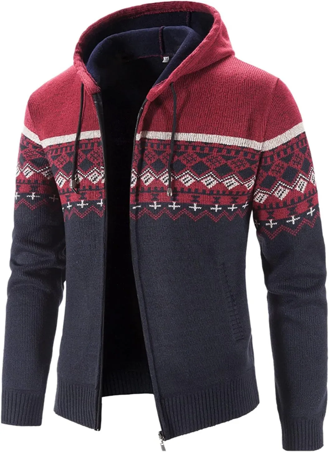 Mens Heavy Warm Sherpa Fleece Lined Stripe Hoodie Jackets Zip Up Thick Cable Knitted Cardigan Sweater Coats