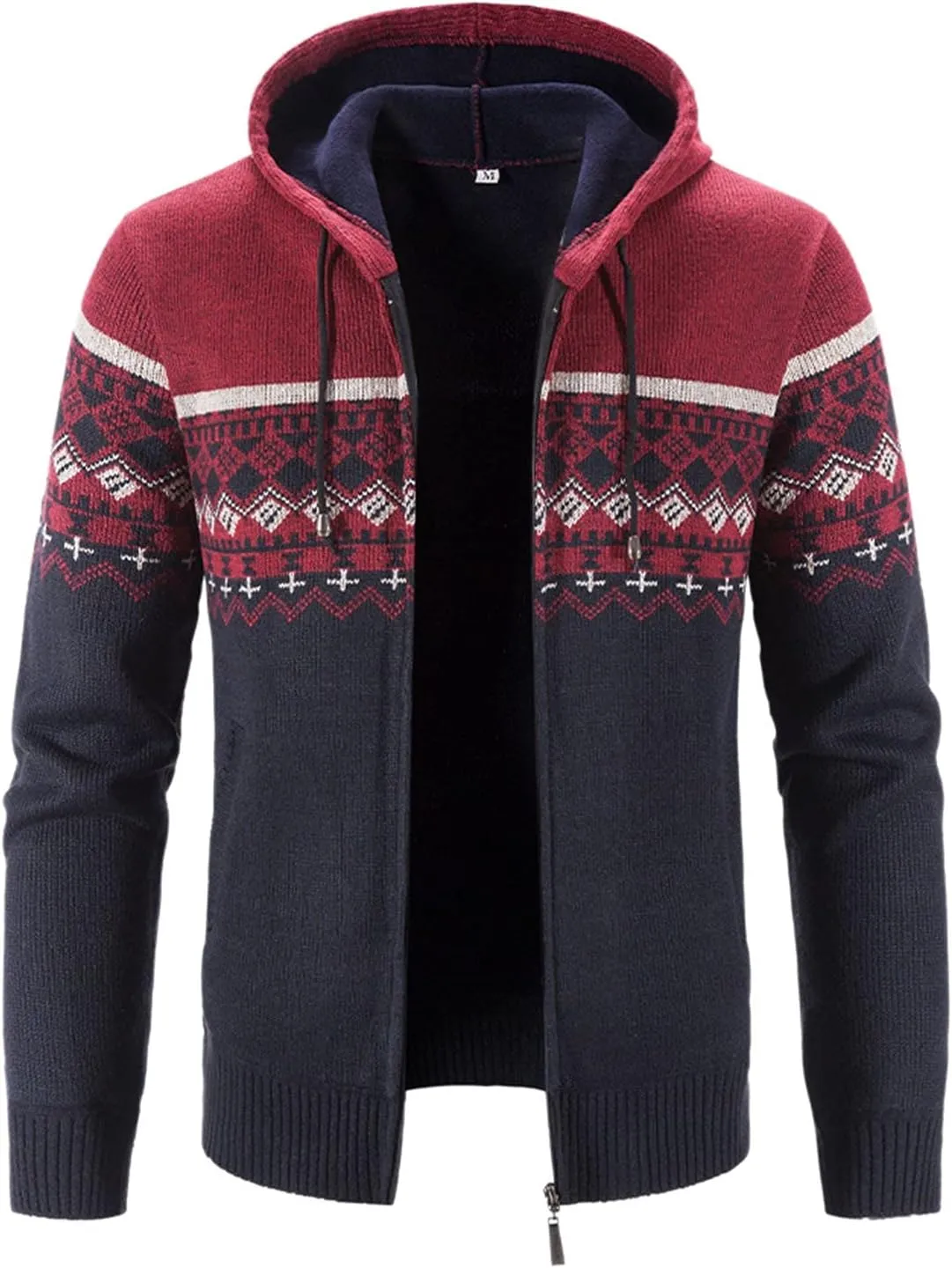 Mens Heavy Warm Sherpa Fleece Lined Stripe Hoodie Jackets Zip Up Thick Cable Knitted Cardigan Sweater Coats