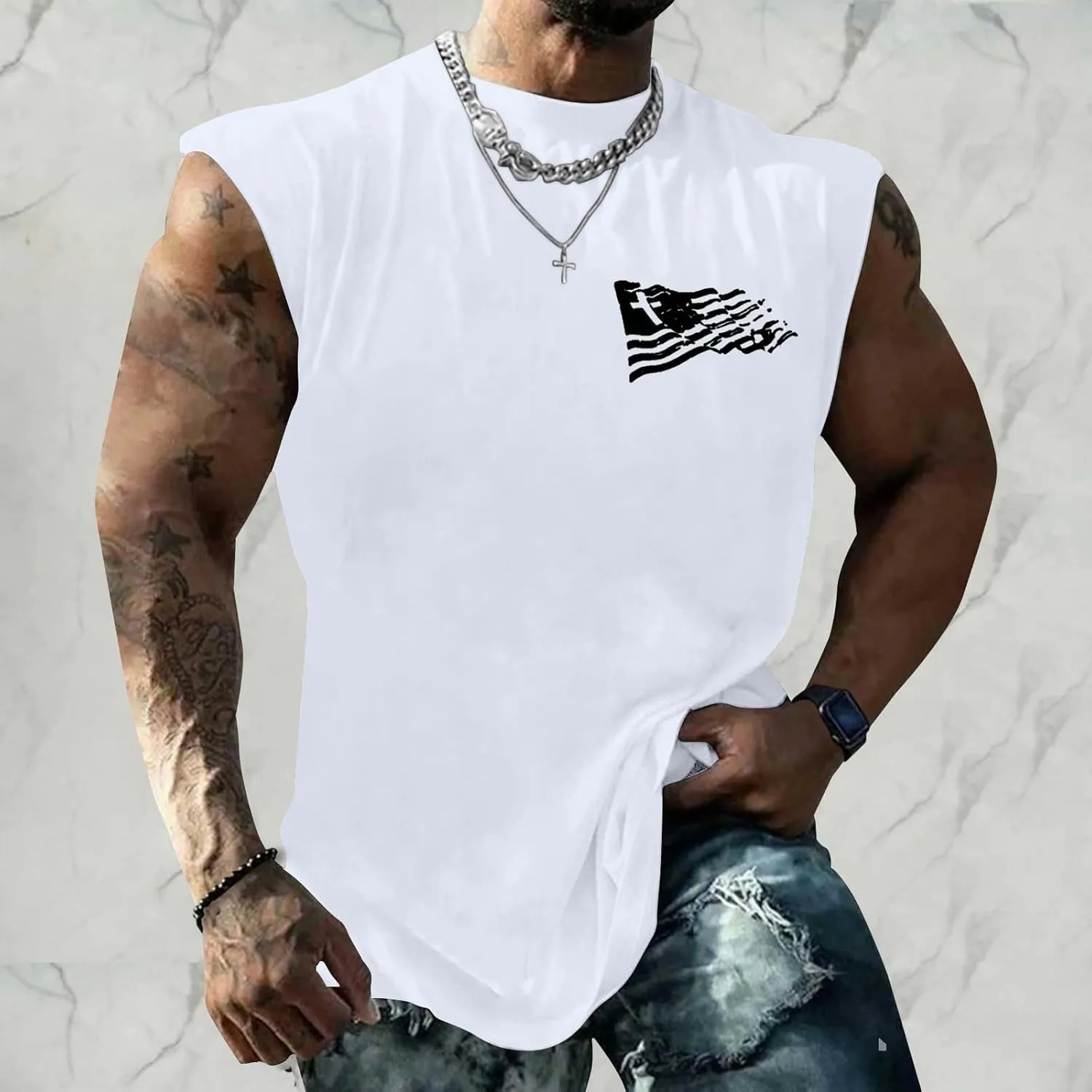 Men's Workout Tank Tops Trendy USA Flag Patriotic Print Sleeveless Shirts Athletic Quick Dry Fitness Sport Undershirts