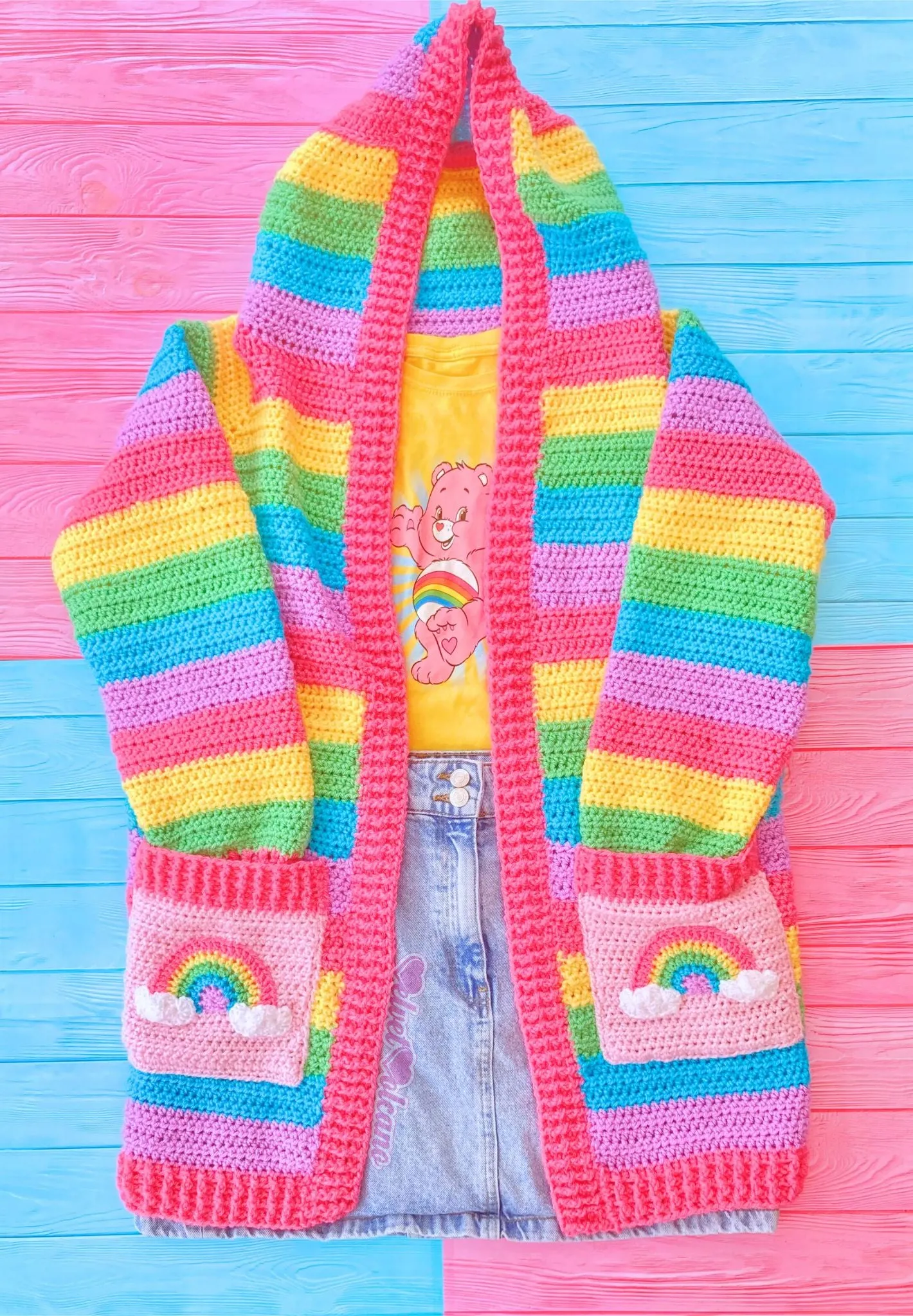 Pastel Rainbow Striped Hooded Cardigan with Cloud Pockets
