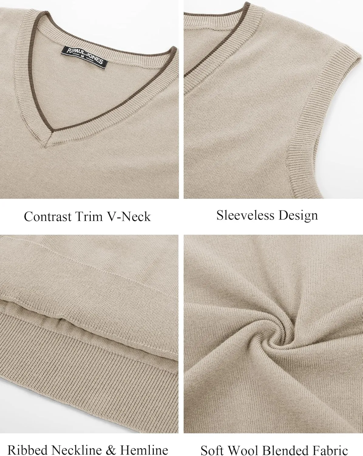 PJ PAUL JONES Mens Sweater Vest Wool Blended Knitted Vest Sweaters V-Neck Sleeveless Pullover Vests