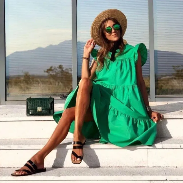 Retro Ruffle Sleeve Oversized Midi Dress