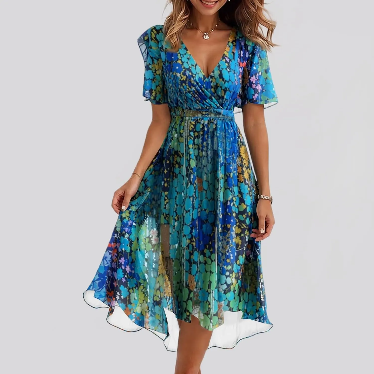 Summer Floral Chiffon Dresses for Women 2025 Midi Trendy Flowy Swing Short Sleeve V Neck Tie Elastic Waist A Line Dress