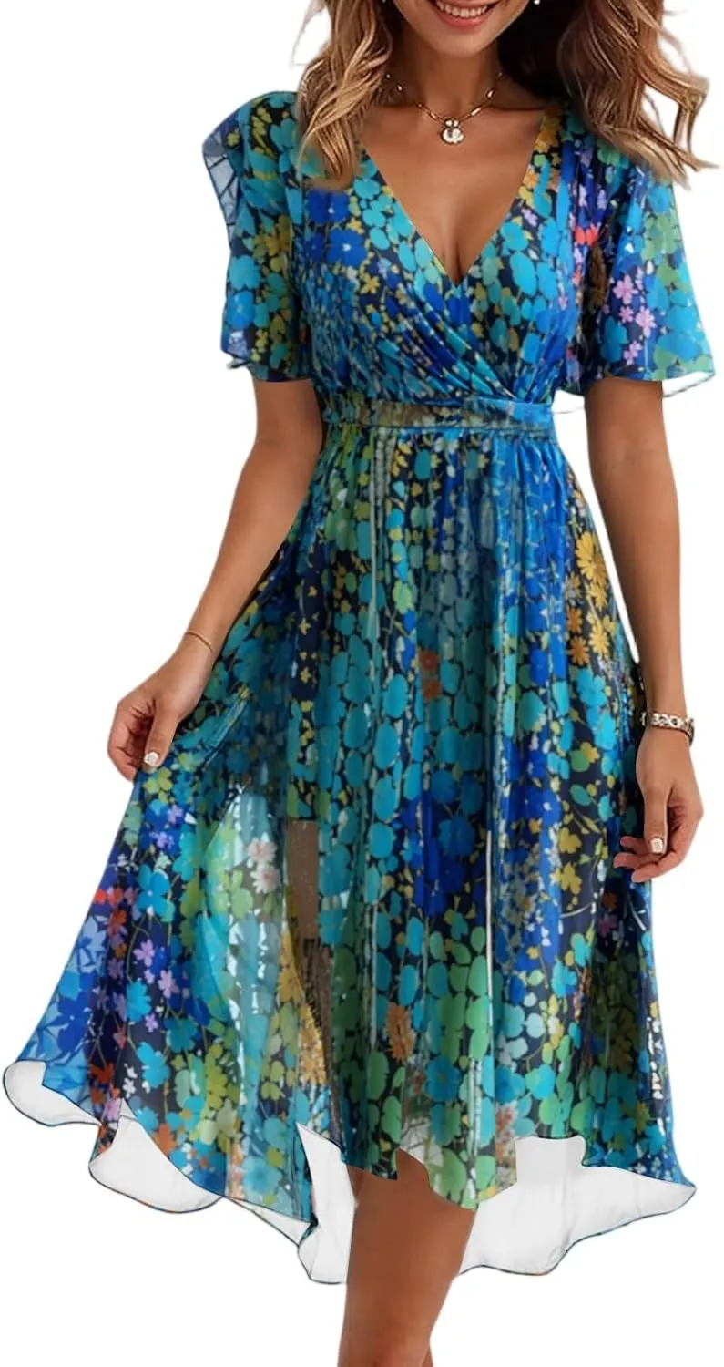 Summer Floral Chiffon Dresses for Women 2025 Midi Trendy Flowy Swing Short Sleeve V Neck Tie Elastic Waist A Line Dress