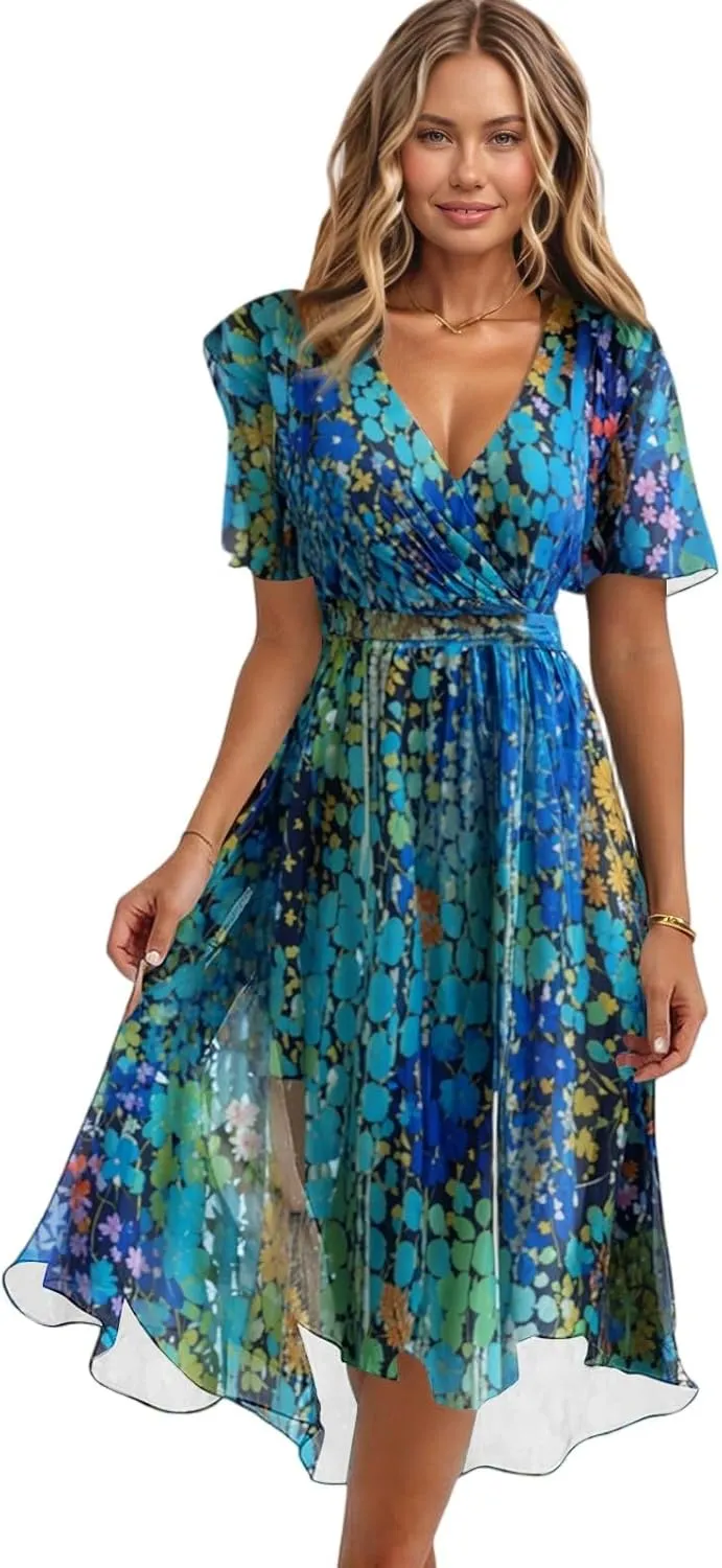 Summer Floral Chiffon Dresses for Women 2025 Midi Trendy Flowy Swing Short Sleeve V Neck Tie Elastic Waist A Line Dress