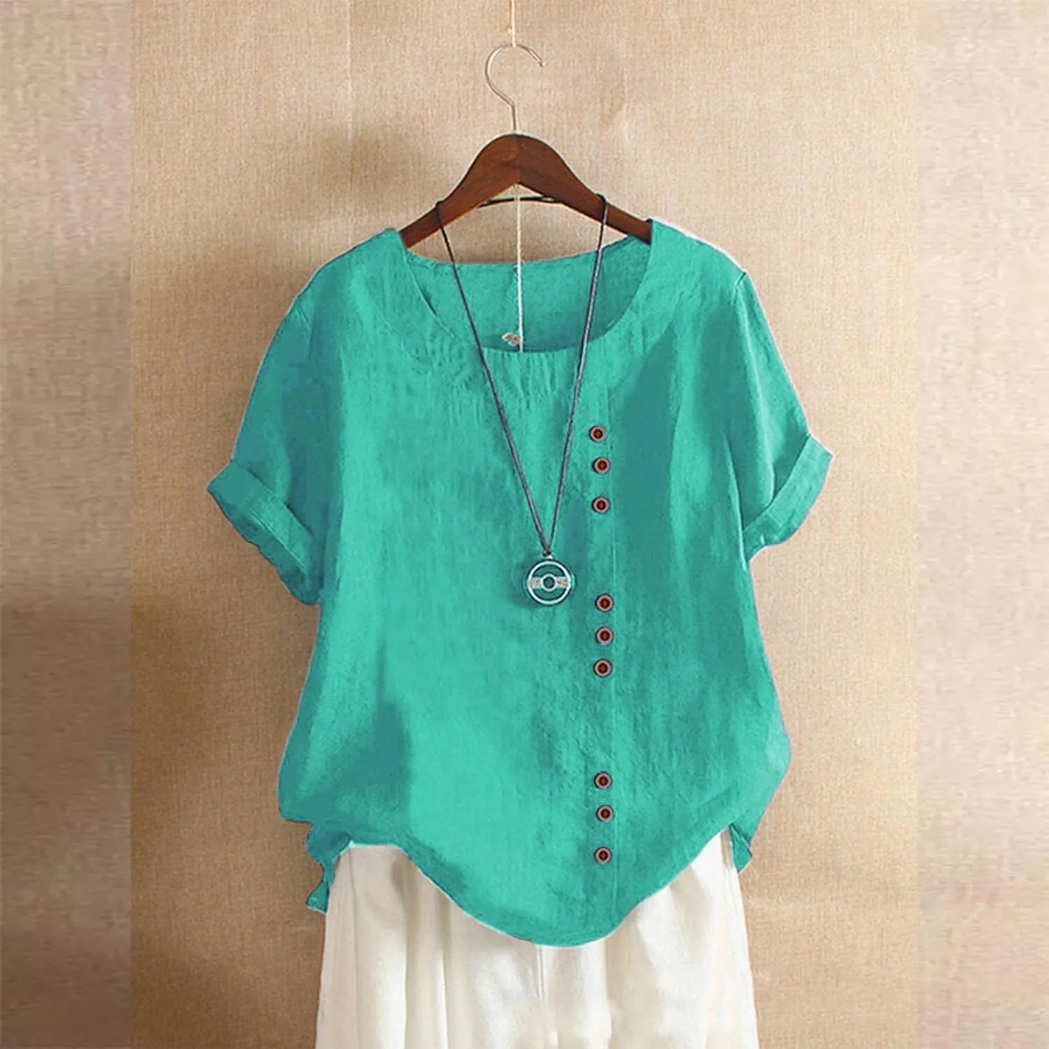 Summer Going Out Tops for Women 2025 Short Sleeve Crewneck Lined Casual Shirts Plus Size Button Down Solid Blouses