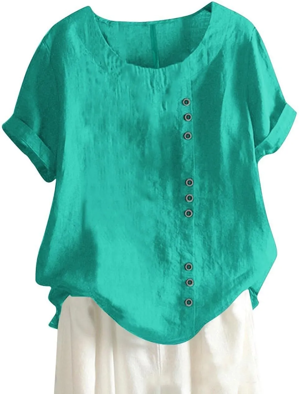 Summer Going Out Tops for Women 2025 Short Sleeve Crewneck Lined Casual Shirts Plus Size Button Down Solid Blouses