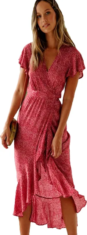 WIWIQS Women Summer New Floral Printed Irregularity Hem Short Sleeve Maxi Dress Casual V-Neck Beach Party Sundress