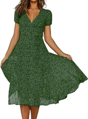 Womens Boho Dresses Summer Flowy V Neck Puff Short Sleeve Midi Dress Trendy Color Block Floral Smocked Beach Dress