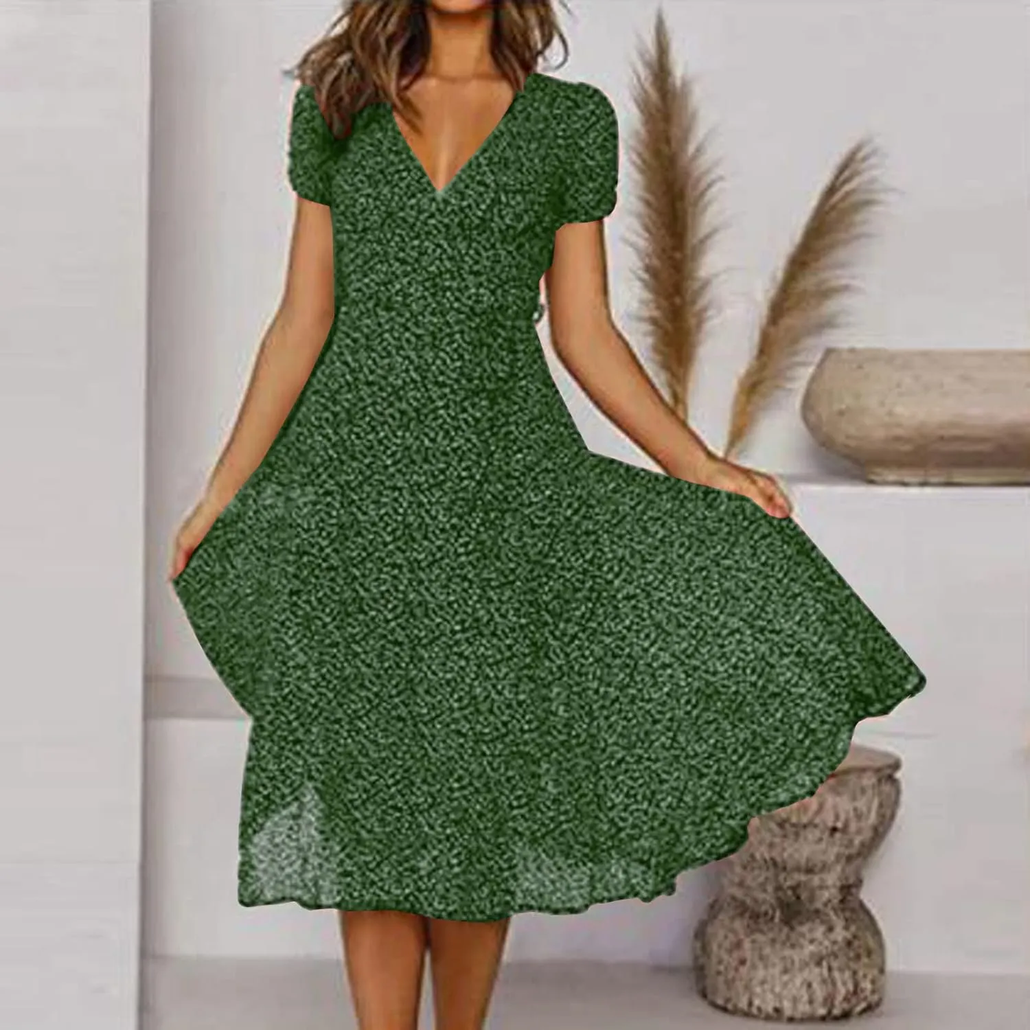 Womens Boho Dresses Summer Flowy V Neck Puff Short Sleeve Midi Dress Trendy Color Block Floral Smocked Beach Dress