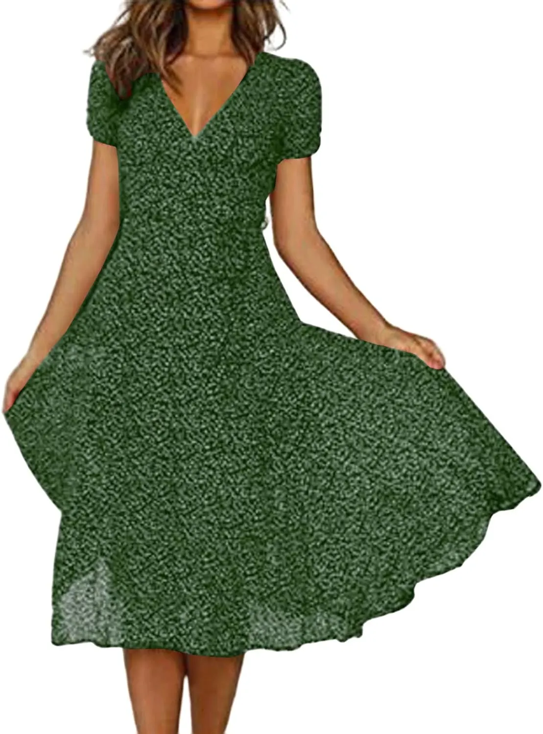 Womens Boho Dresses Summer Flowy V Neck Puff Short Sleeve Midi Dress Trendy Color Block Floral Smocked Beach Dress