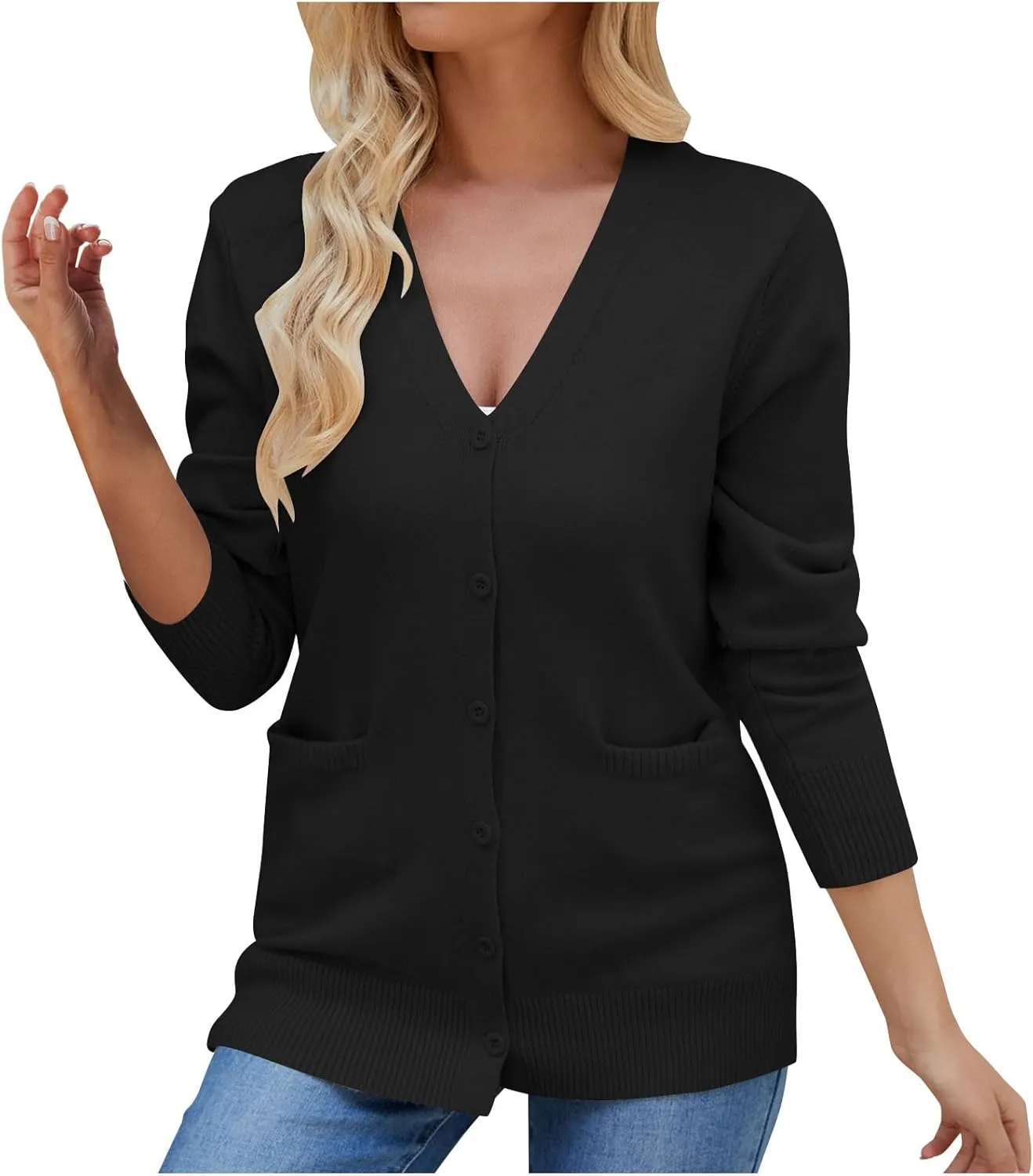 Womens Chunky Knit Solid Color Cardigan Sweaters Trendy V Neck Long Sleeve Lightweight Open Front Button Tops