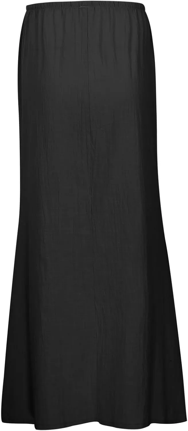 Womens Cotton Linen Skirts Trendy Elastic Waist Drawstring Long Skirts with Slit Long Flowy Ankle-Length Skirt