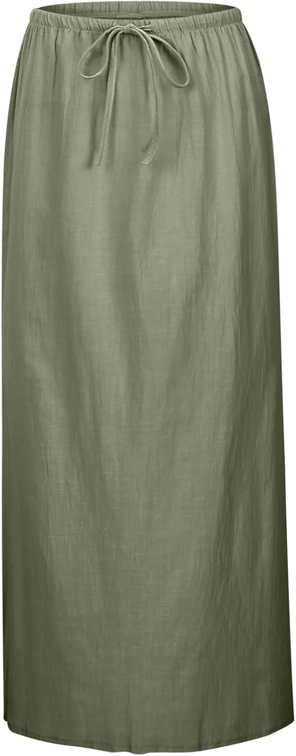 Womens Cotton Linen Skirts Trendy Elastic Waist Drawstring Long Skirts with Slit Long Flowy Ankle-Length Skirt