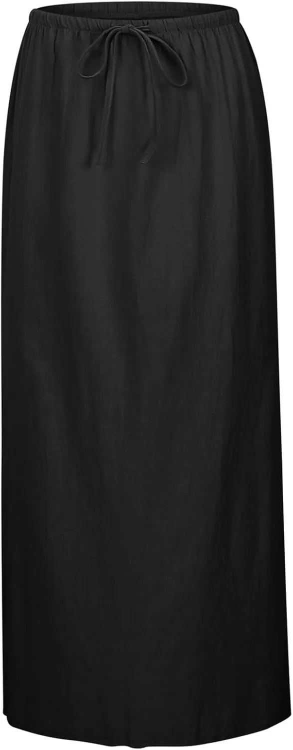 Womens Cotton Linen Skirts Trendy Elastic Waist Drawstring Long Skirts with Slit Long Flowy Ankle-Length Skirt