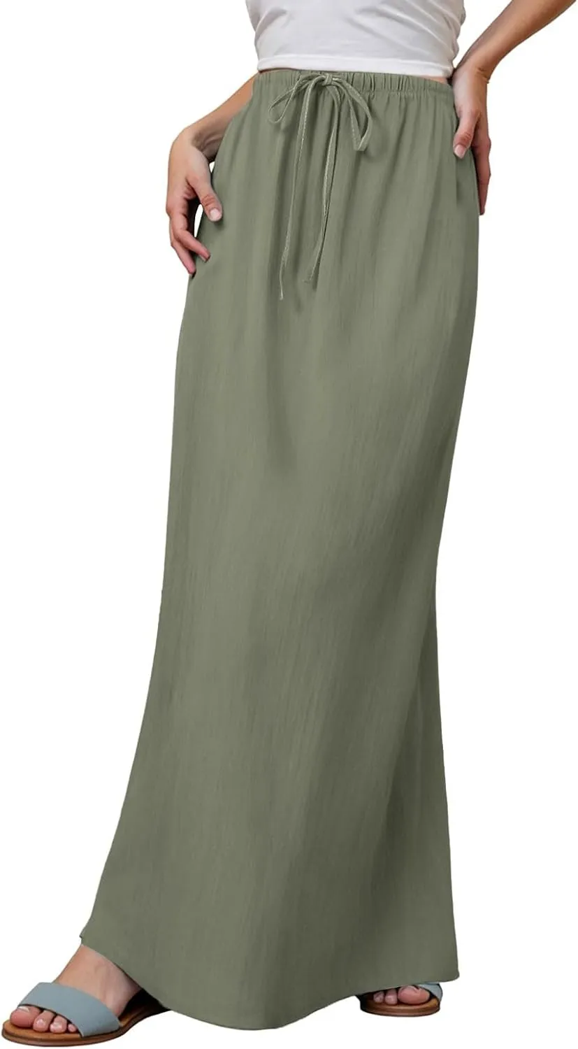 Womens Cotton Linen Skirts Trendy Elastic Waist Drawstring Long Skirts with Slit Long Flowy Ankle-Length Skirt