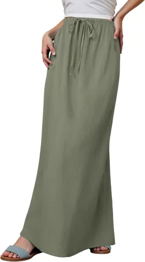 Womens Cotton Linen Skirts Trendy Elastic Waist Drawstring Long Skirts with Slit Long Flowy Ankle-Length Skirt