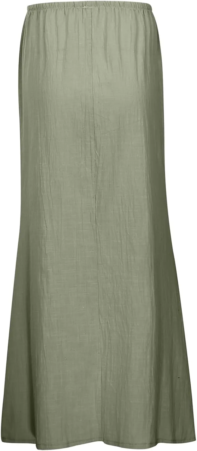 Womens Cotton Linen Skirts Trendy Elastic Waist Drawstring Long Skirts with Slit Long Flowy Ankle-Length Skirt