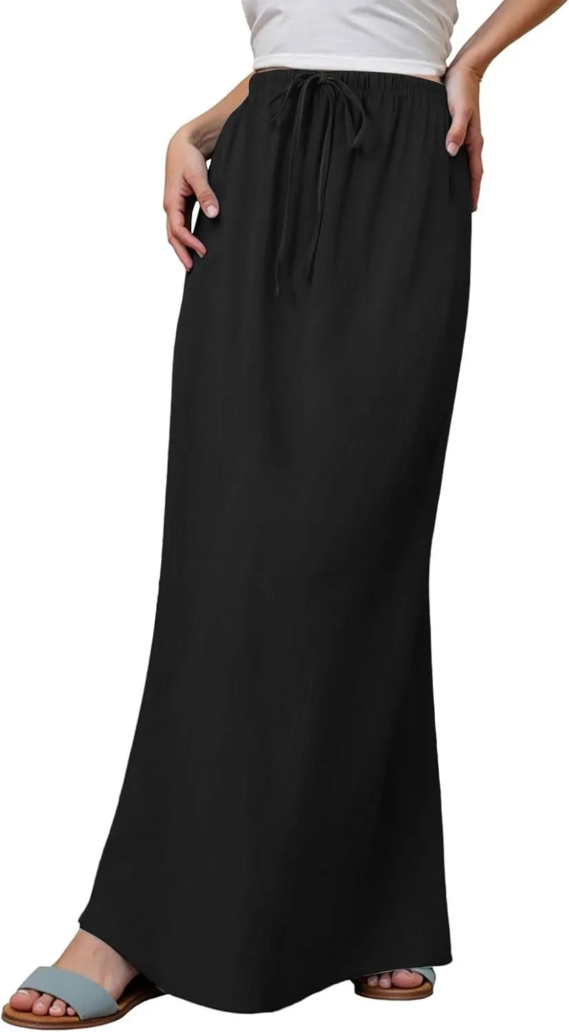 Womens Cotton Linen Skirts Trendy Elastic Waist Drawstring Long Skirts with Slit Long Flowy Ankle-Length Skirt