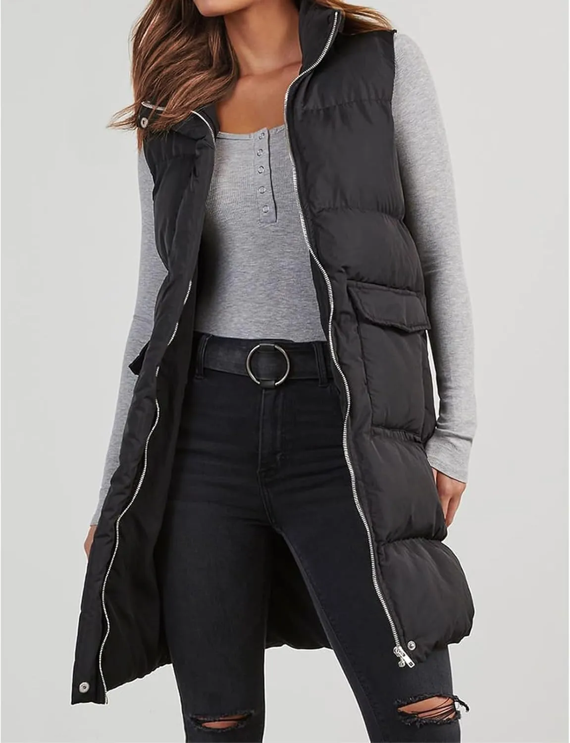 Womens Puffer Vest Casual Hooded Sleeveless Zip Up Long Jacket Lightweight Quilted Jackets Down Coat Winter Clothes