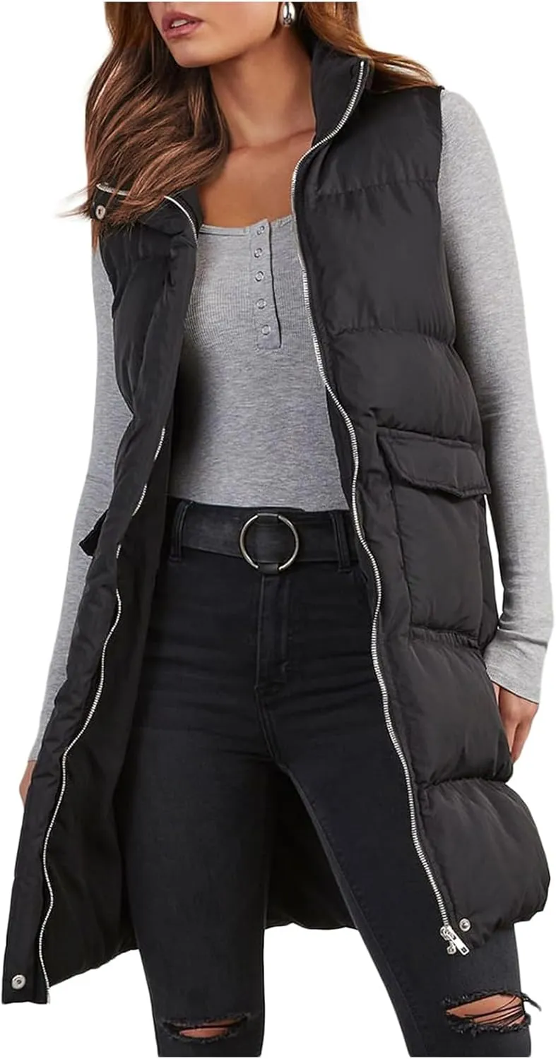Womens Puffer Vest Casual Hooded Sleeveless Zip Up Long Jacket Lightweight Quilted Jackets Down Coat Winter Clothes