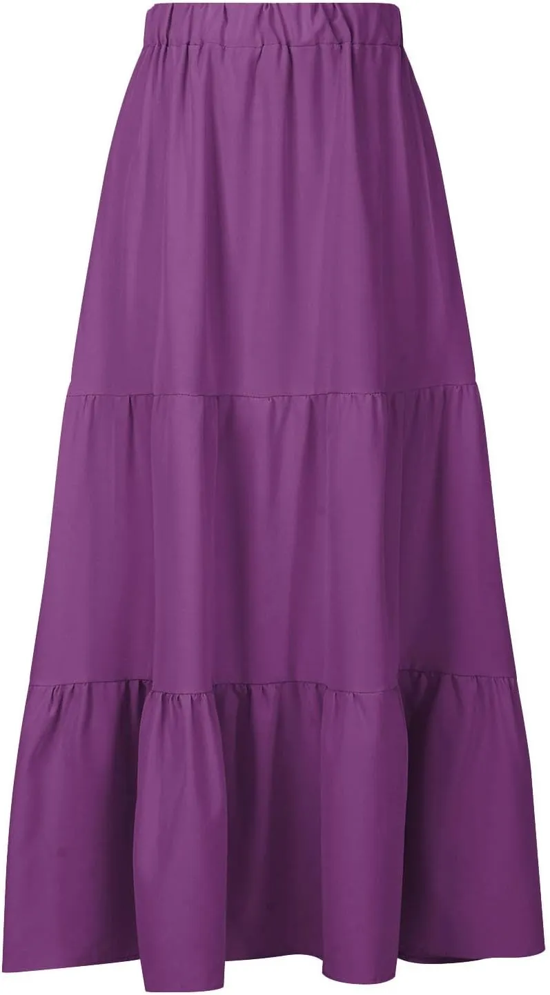 Women’s Summer Boho Midi Skirt Flowy Swing Tiered A-Line Skirts with Pockets 2025 Trendy Ruffle Pleated Beach Dress