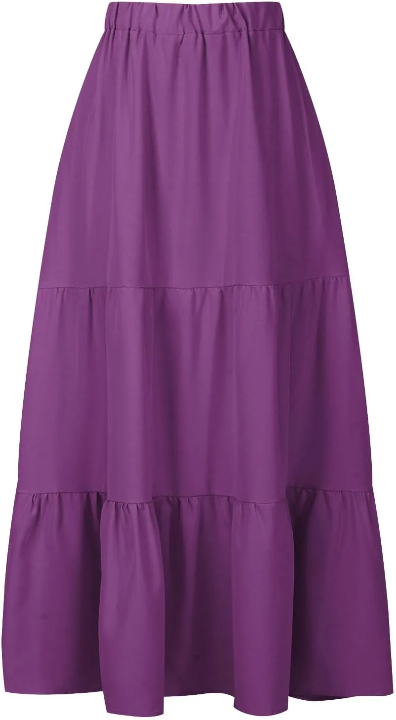 Women’s Summer Boho Midi Skirt Flowy Swing Tiered A-Line Skirts with Pockets 2025 Trendy Ruffle Pleated Beach Dress