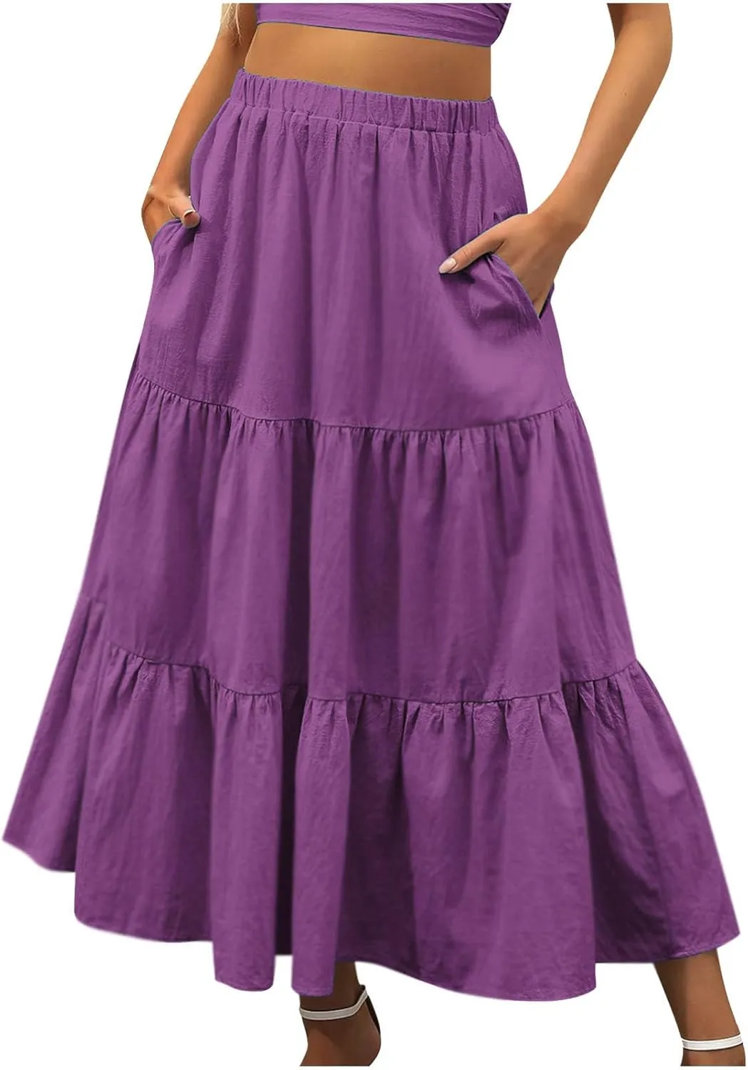 Women’s Summer Boho Midi Skirt Flowy Swing Tiered A-Line Skirts with Pockets 2025 Trendy Ruffle Pleated Beach Dress