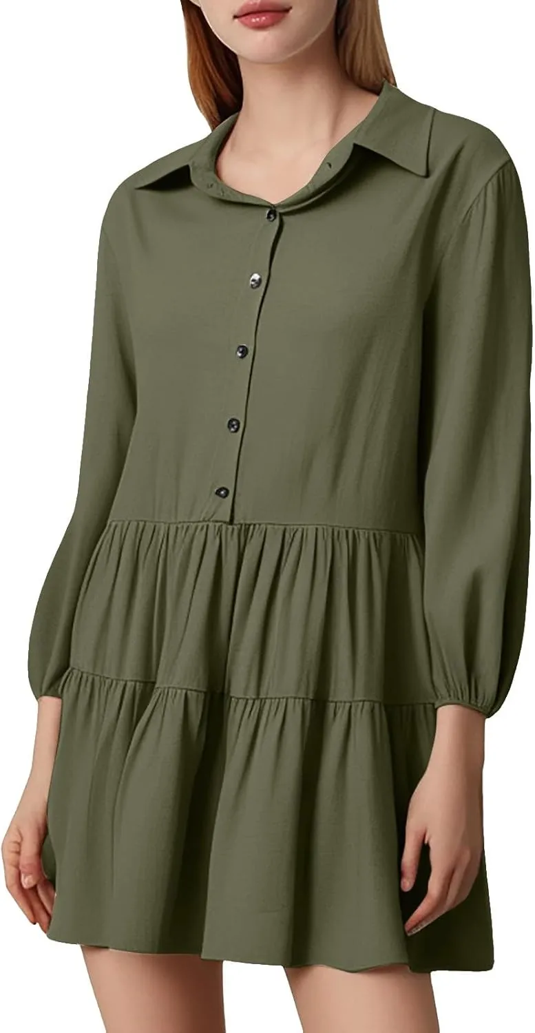 Womens Summer Dresses Vintage Classic Button Down Long Sleeve Tiered Ruffle Hem Funeral Dress Short Church Sundresses