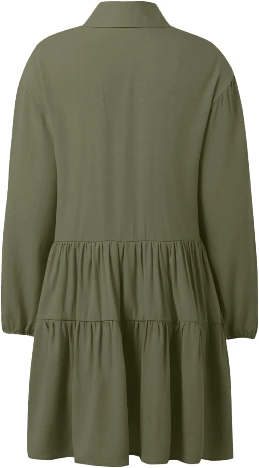 Womens Summer Dresses Vintage Classic Button Down Long Sleeve Tiered Ruffle Hem Funeral Dress Short Church Sundresses
