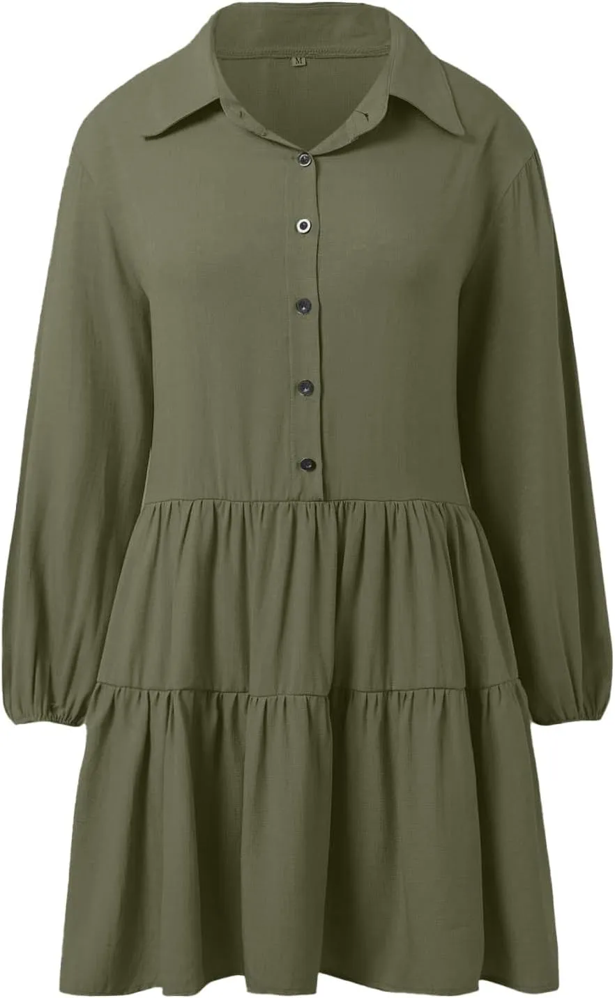 Womens Summer Dresses Vintage Classic Button Down Long Sleeve Tiered Ruffle Hem Funeral Dress Short Church Sundresses