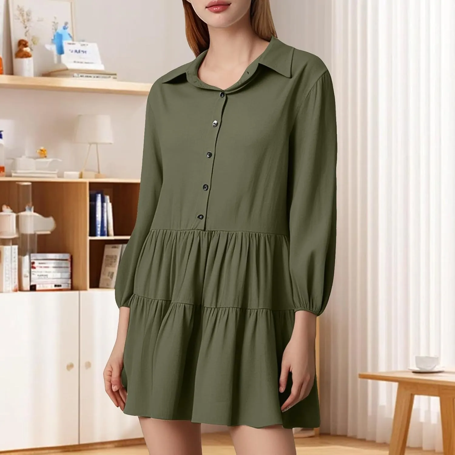 Womens Summer Dresses Vintage Classic Button Down Long Sleeve Tiered Ruffle Hem Funeral Dress Short Church Sundresses