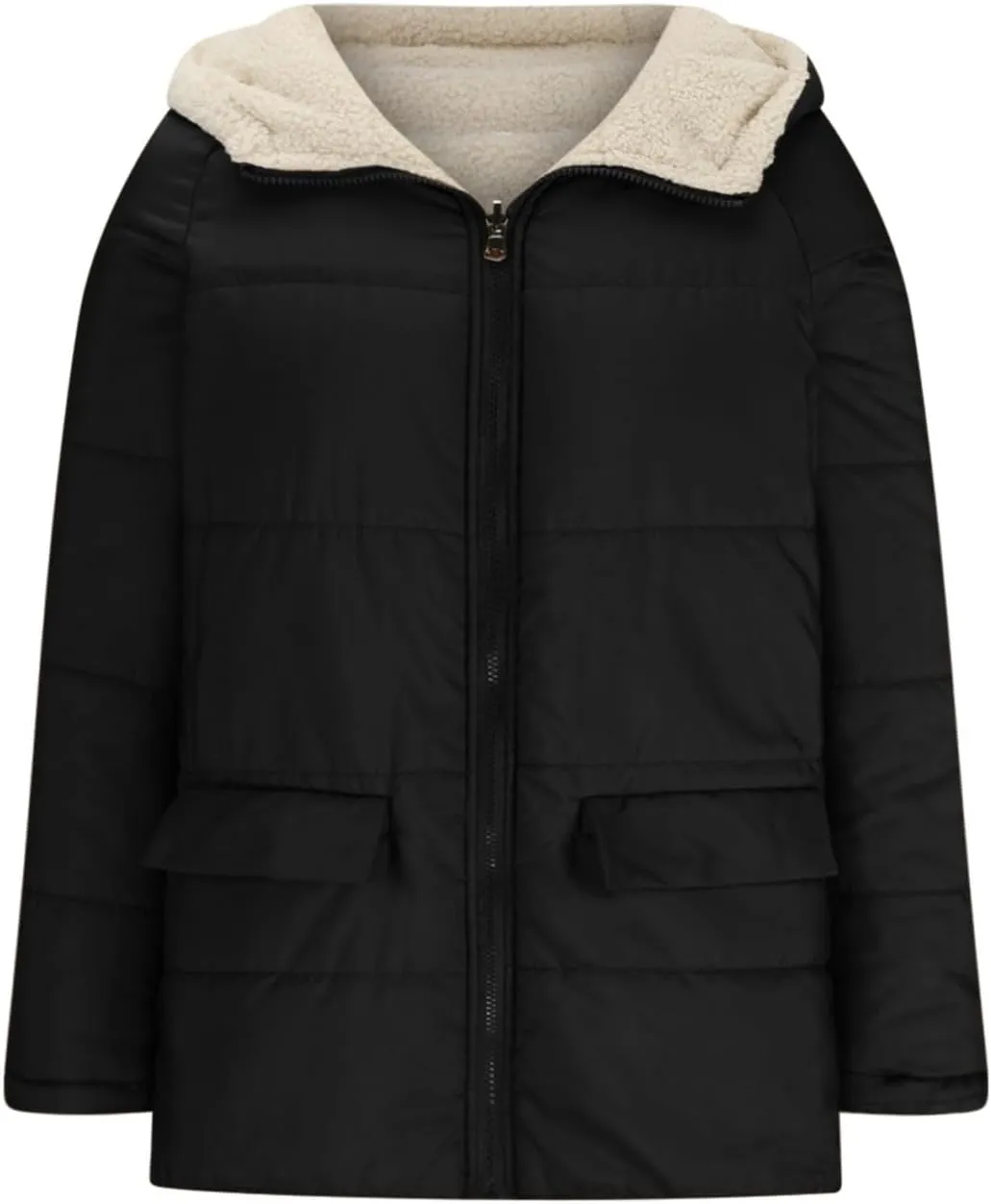 Women's Winter Thicken Coats Sherpa Fleece Lined Jacket Zip Up Insulated Casual Solid Cropped Puffer Jacket