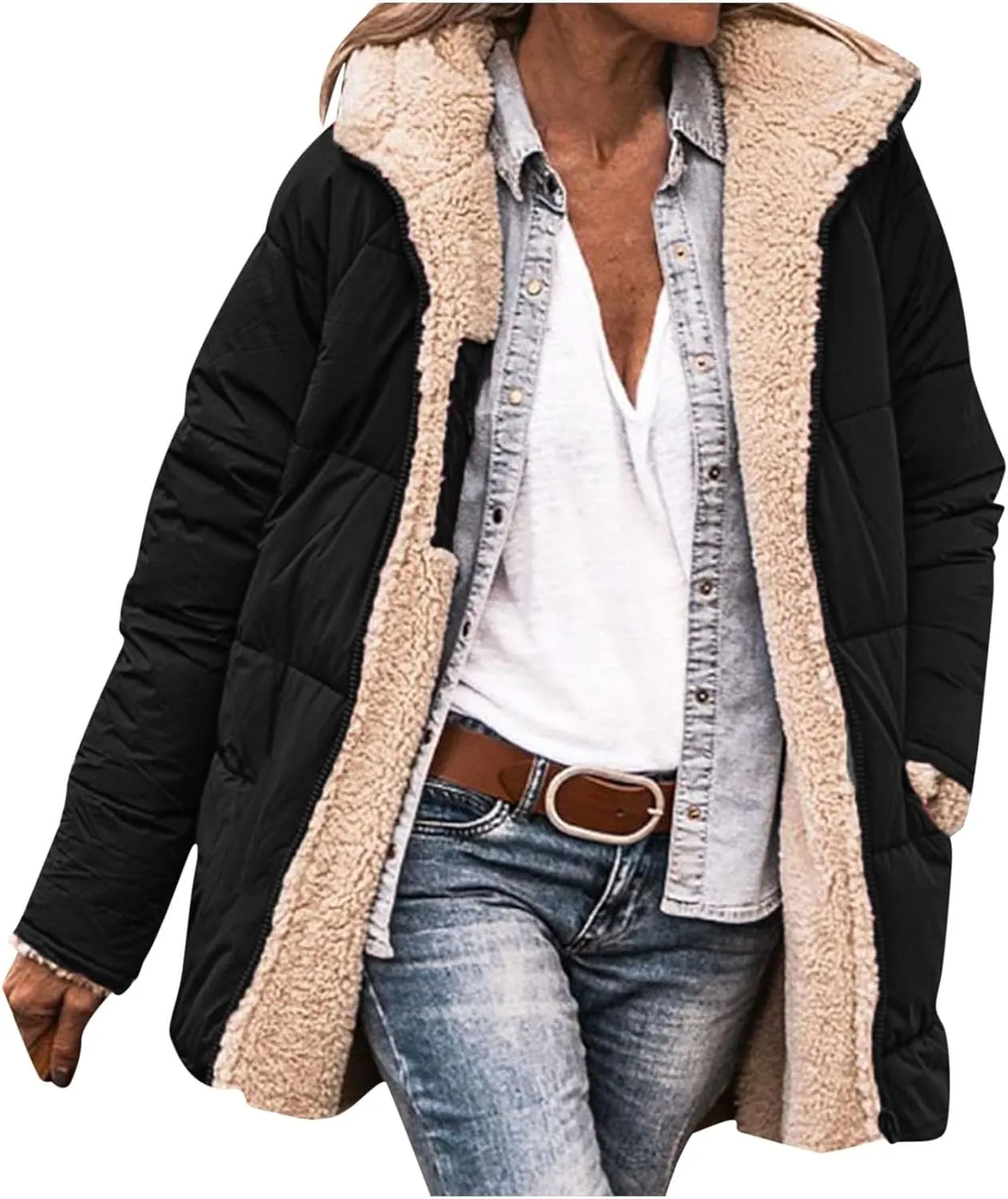 Women's Winter Thicken Coats Sherpa Fleece Lined Jacket Zip Up Insulated Casual Solid Cropped Puffer Jacket